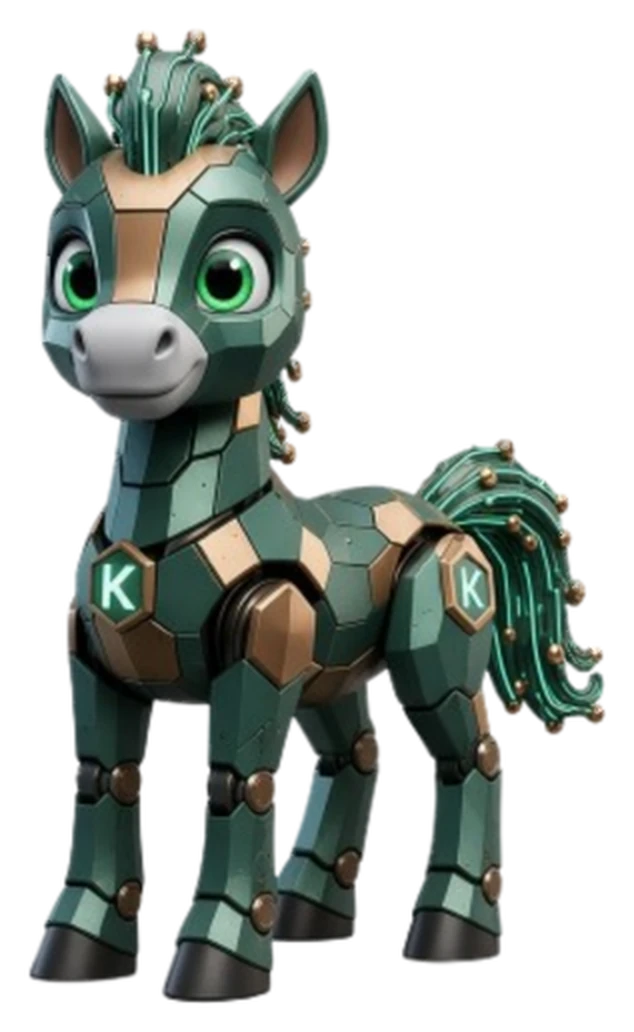 Mascota de Koltor Group: un caballo robótico verde y cobre con circuitos y el emblema K