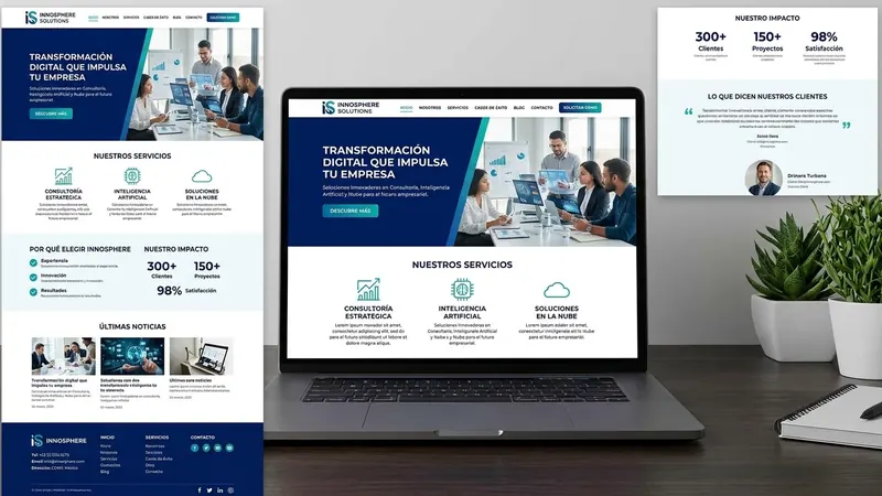 Ejemplo de sitio web corporativo de una empresa de consultoría, en un portátil