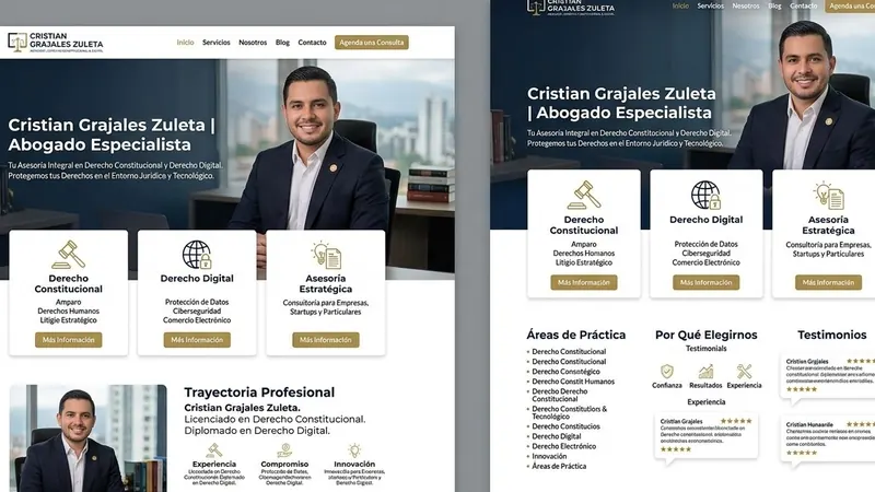 Ejemplo de landing page de un abogado, con servicios y botón para agendar consulta