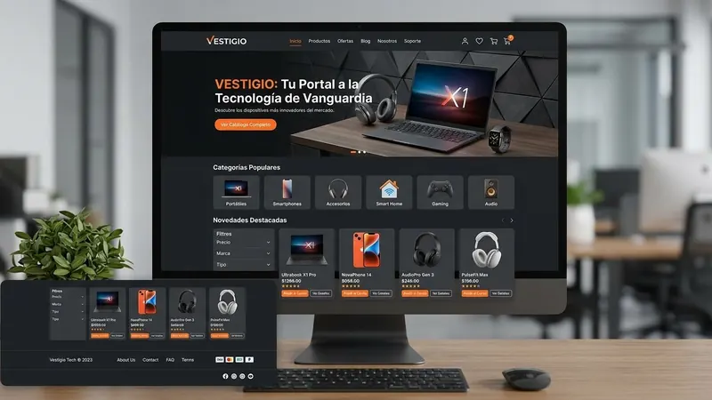 Ejemplo de tienda online de tecnología con categorías y productos, en un monitor